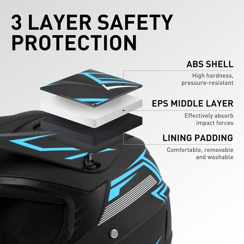 Spark DOT Motocross Dirt Bike Helmets Full Face Motorcycle Off-Road Mountain E-Bike BMX MX ATV Helmet (with Gloves Goggles Mask) 4Pcs Set (Black Blue, X-Small) - Image 3